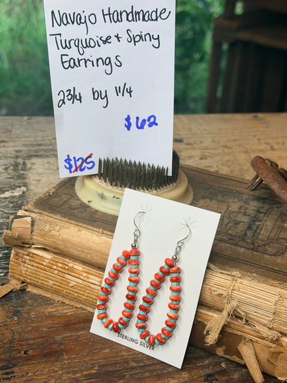 Navajo Handmade Turquoise and Spiny Earrings