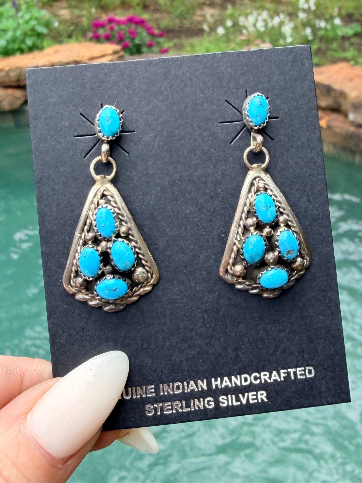 Gorgeous Native Made Post Drop Kingman Turquoise Earrings by Navajo Artist Melvin Chee