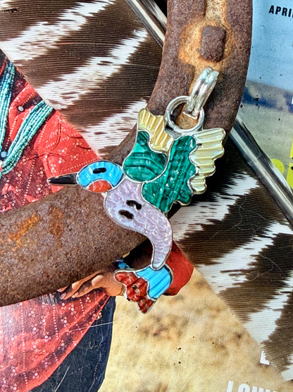 Native American Zuni Sterling Silver Multicolor Hummingbird Pendant By Tamara Pinto
