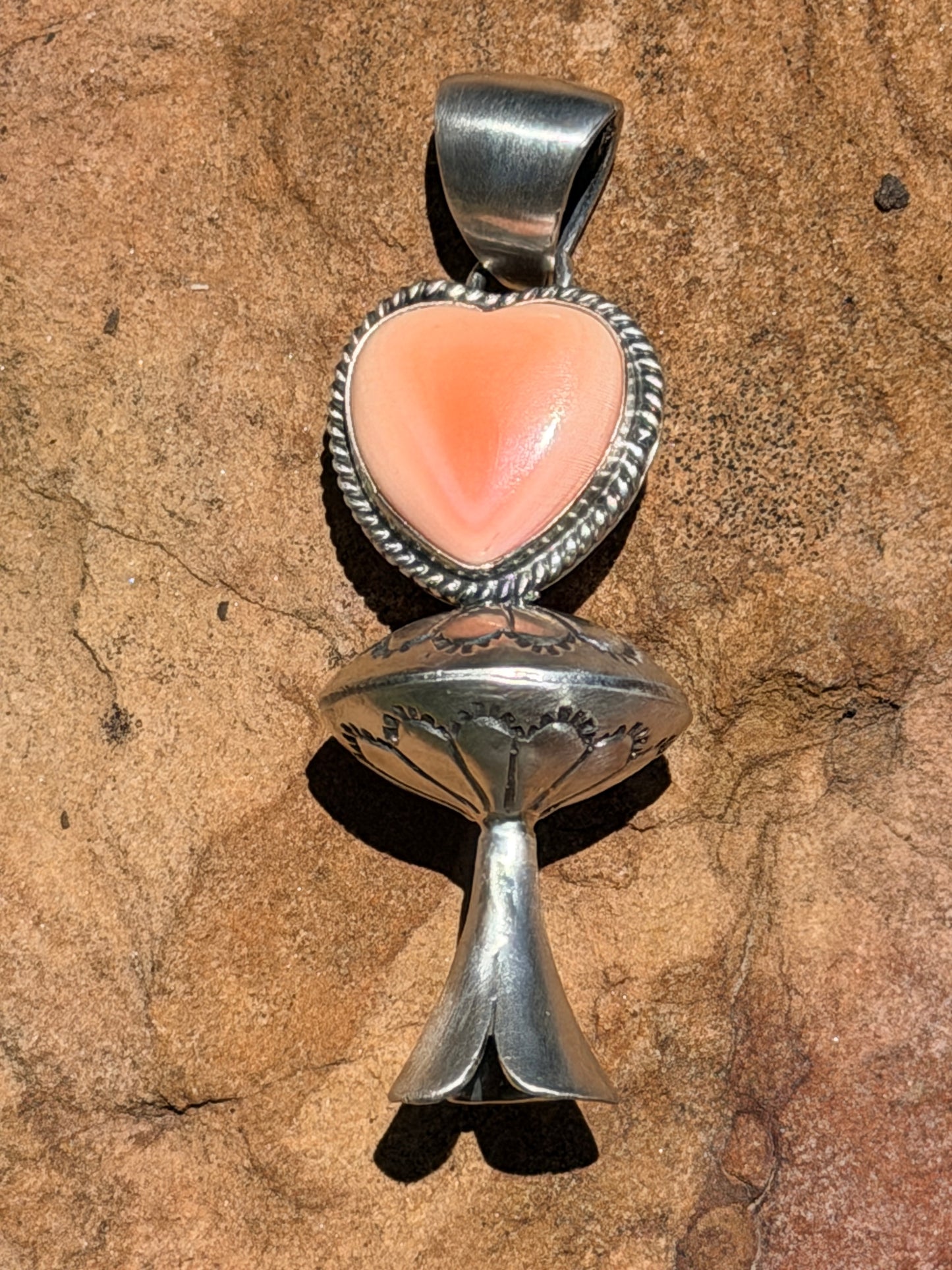Native Made Sterling Silver & Queen Pink Conch Heart Blossom Pendant by Jon McCray