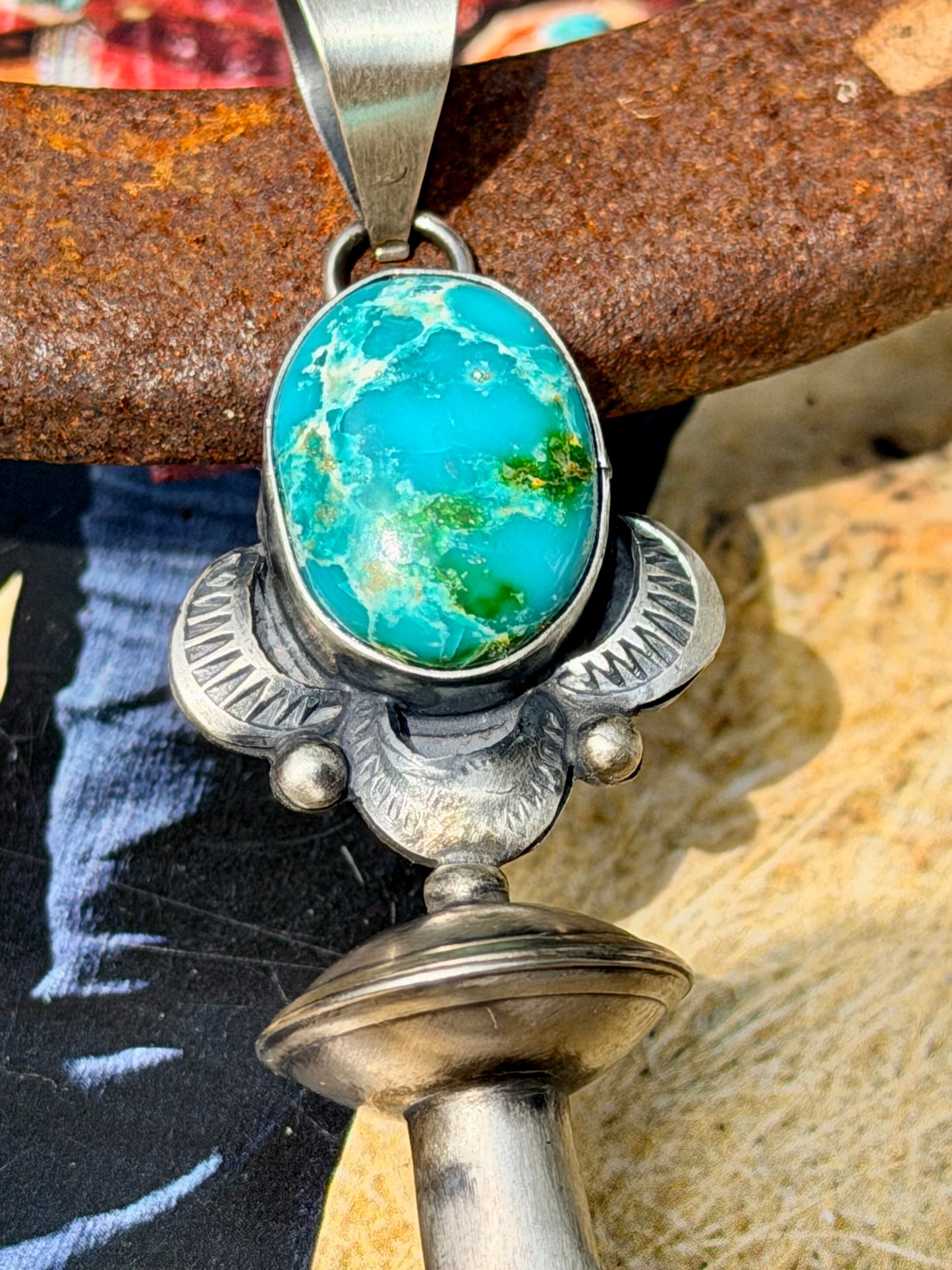 Native Made Sterling Silver & Sonoran
Mountain Turquoise Blossom Pendant