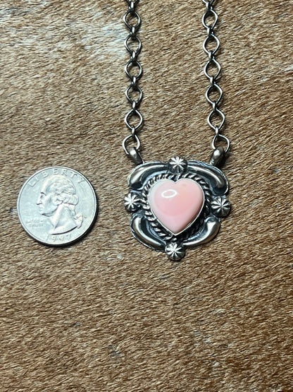 Native Made Queen Pink Conch Heart Necklace with Beautiful Stamping by JJJ