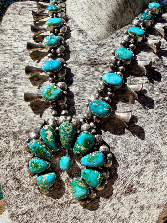 Authentic Native America Navajo Sterling Silver Sonoran Gold Turquoise Squash Blossom Necklace & Earring's By Kee Johnson