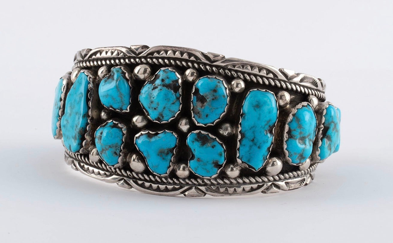 Authentic Native American, 14 Chunky Natural Kingman Turquoise Stones and Sterling Silver Cuff, Hallmarked “T”