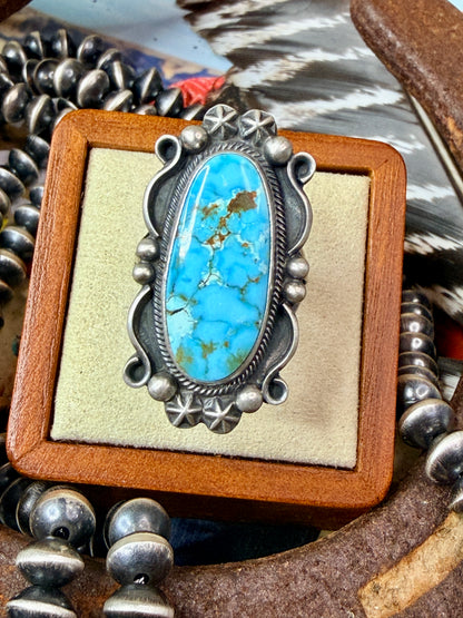 Gorgeous Navajo Made Kingman Turquoise & Sterling Silver Ring Size 8