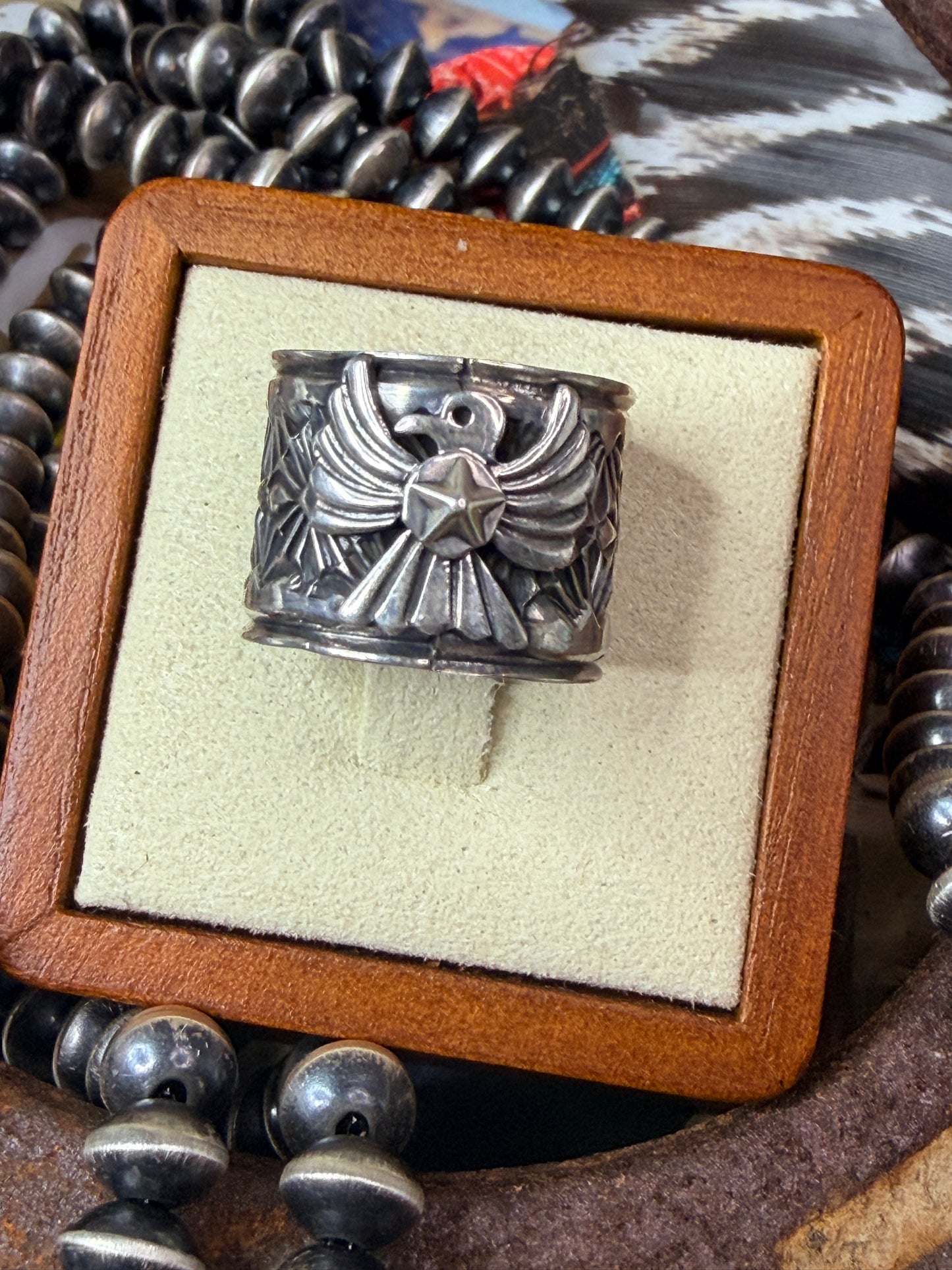 Delayne Reeves Handmade Navajo Sterling Silver Wide Band Ring Thunderbird size 7