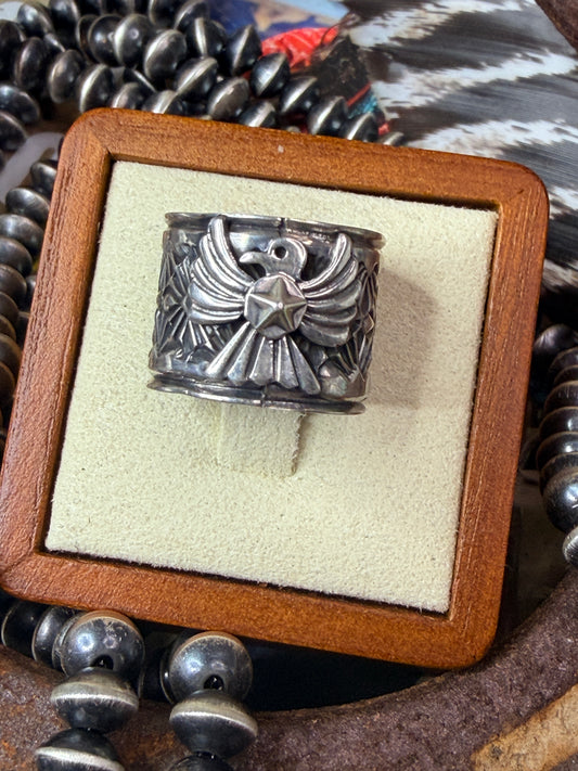 Delayne Reeves Handmade Navajo Sterling Silver Wide Band Ring Thunderbird size 7