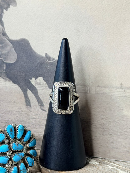Authentic Native America Navajo Sterling Silver Black Onyx Ring By Peggy Skeets sz 6.5