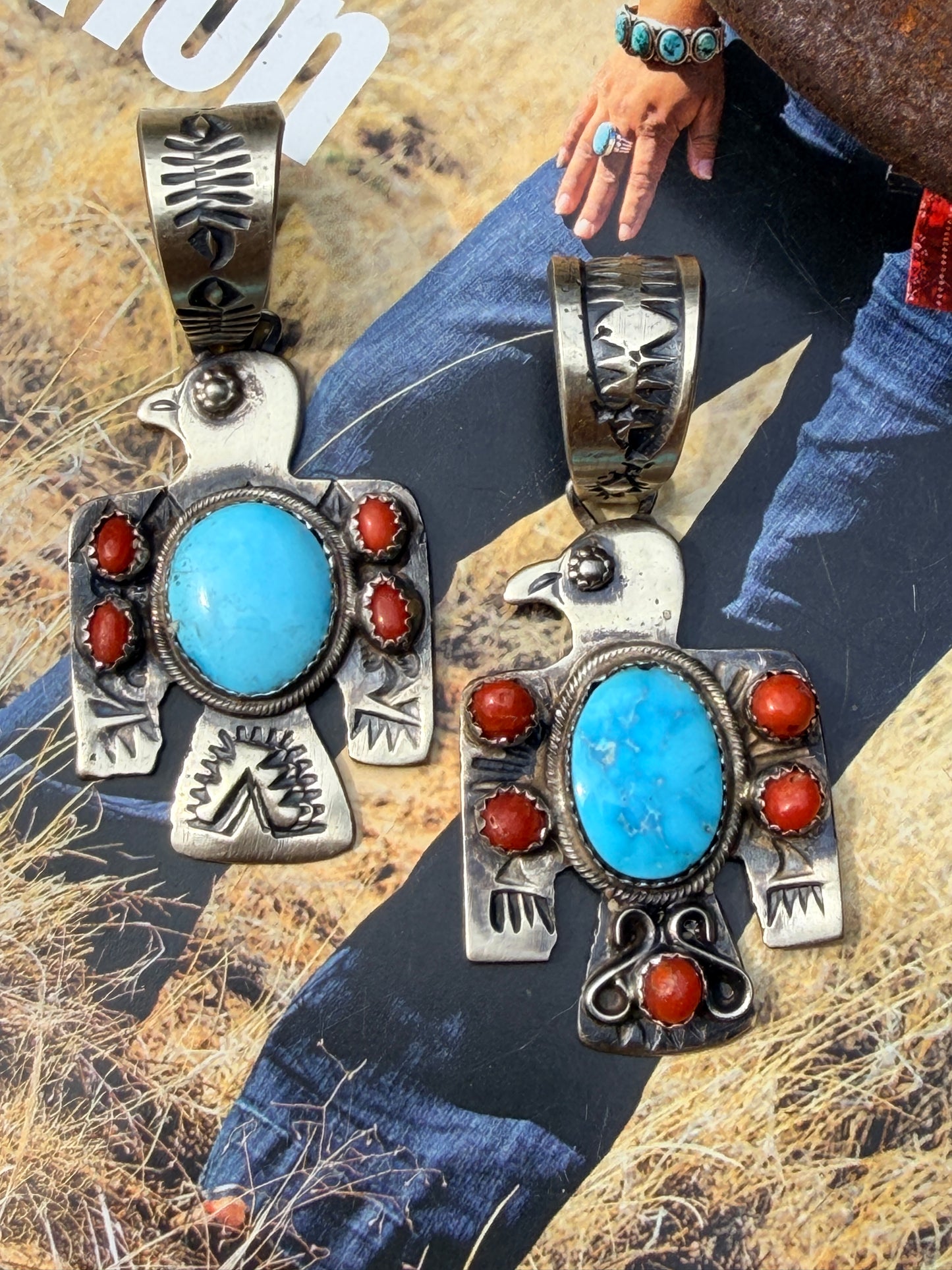 Richard Yazza Turquoise and Coral Thunderbird Pendant