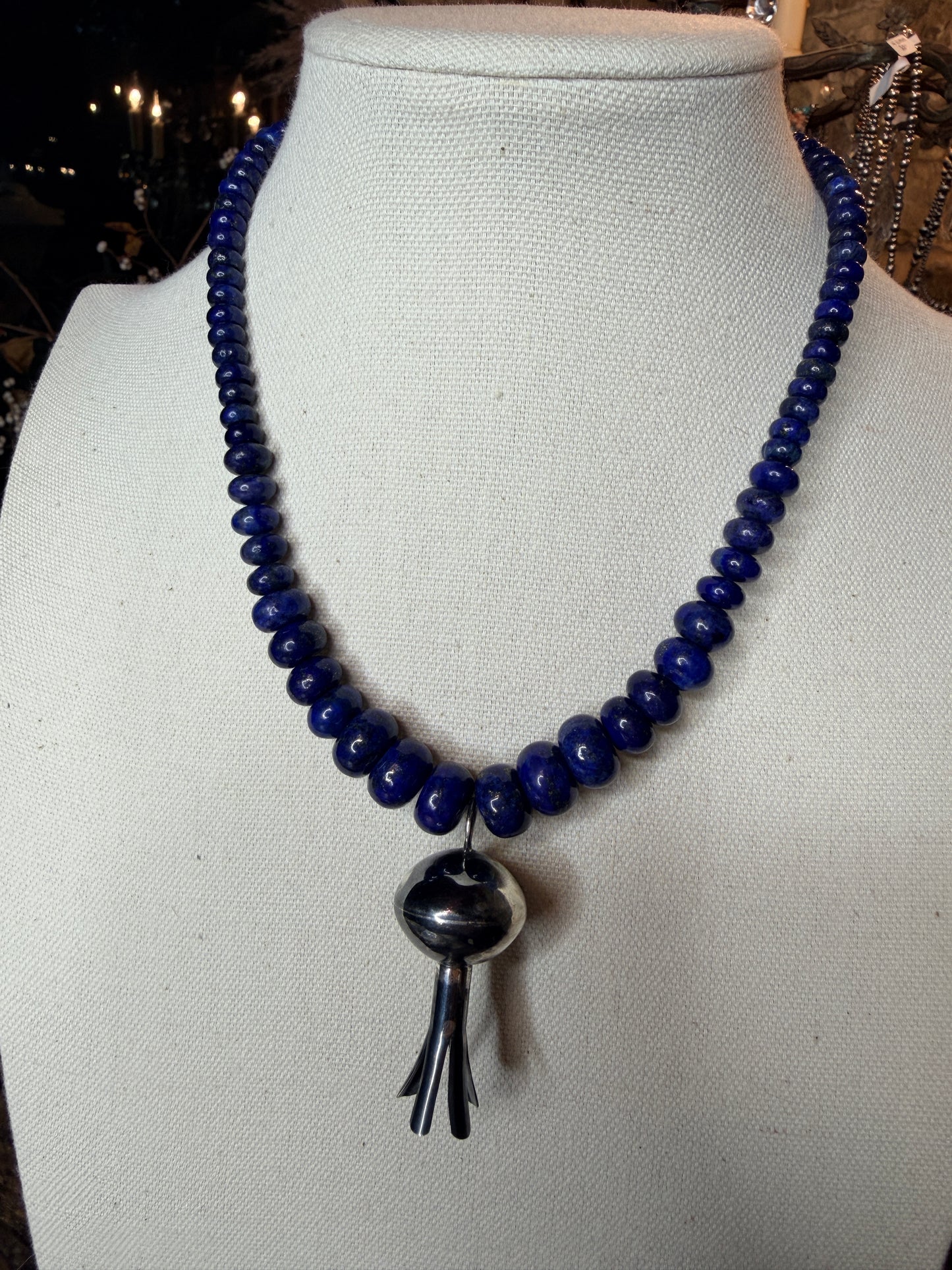 Navajo Handmade Lapis and Blossom Necklace 16”
