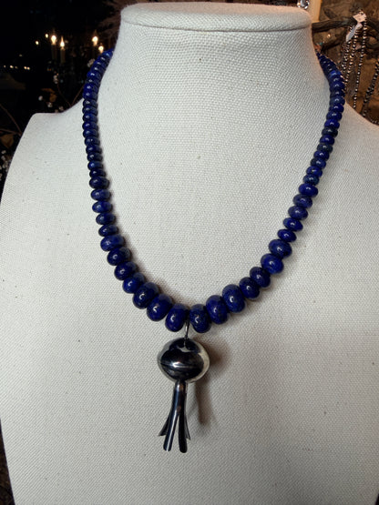 Navajo Handmade Lapis and Blossom Necklace 16”