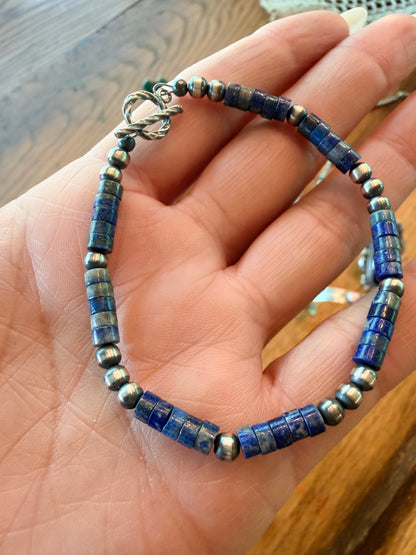 Handcrafted Native Strung Lapis and Sterling Silver Pearl Bracelet 7.5”