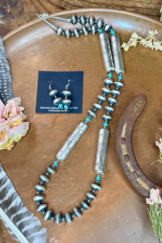 Sharon Cooley 30” Handmade, Handstamped Navajo Pearl Necklace and Earring Set