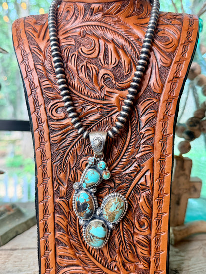 Larry Kaye Kingman Turquoise & Sterling Silver Cluster Cactus Pendant