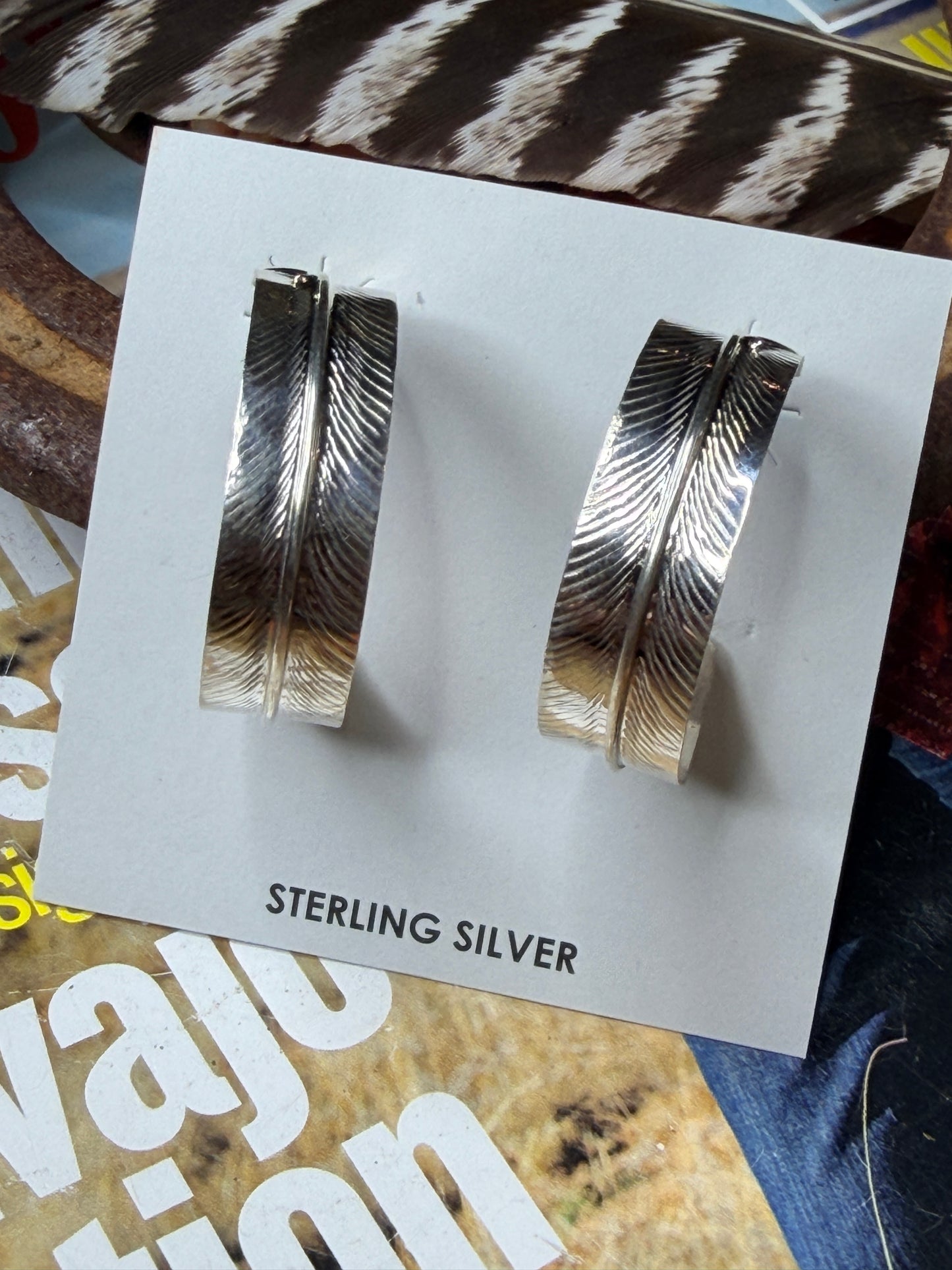 Navajo Handmade Feather Earring by Chester Charley