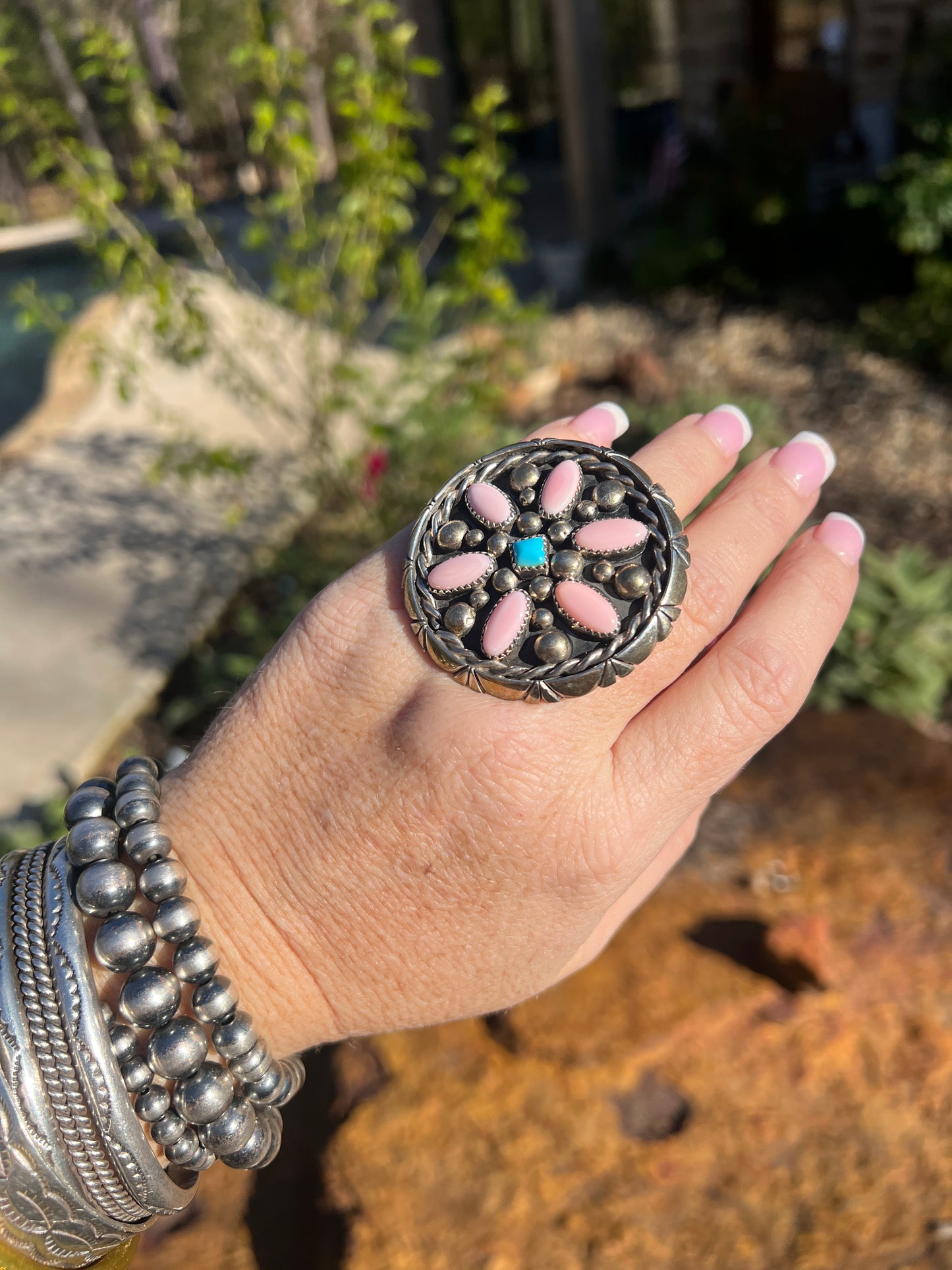 Native Made Pink Conch and Turquoise Cluster Ring Size 5 Sterling Silver J Begay