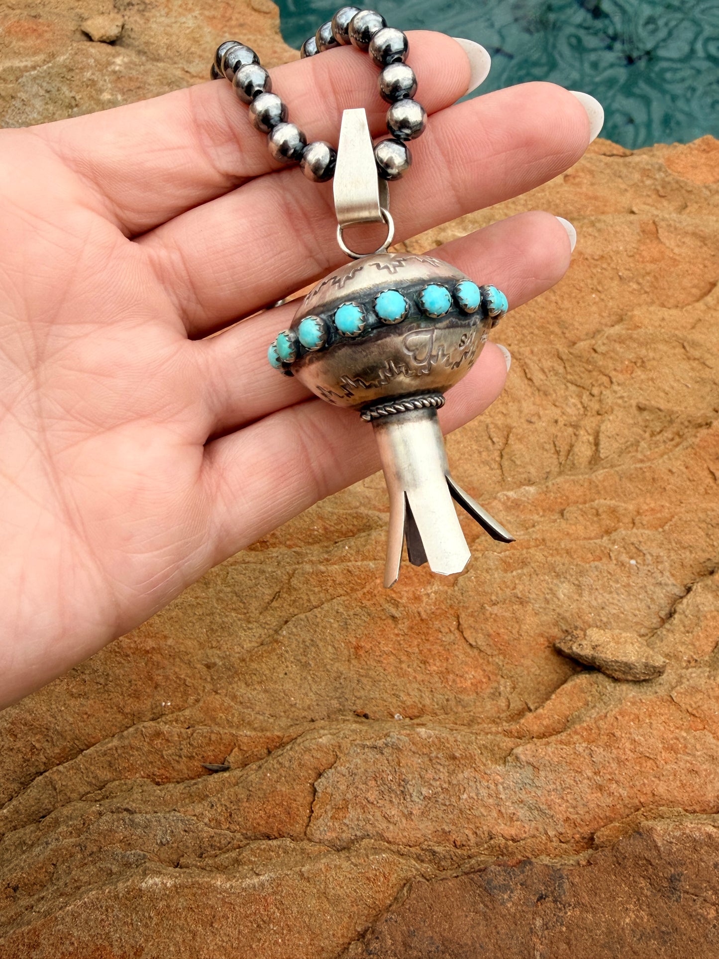Giant Navajo Made Kingman Turquoise & Sterling Silver Blossom Pendant by Monica Smith