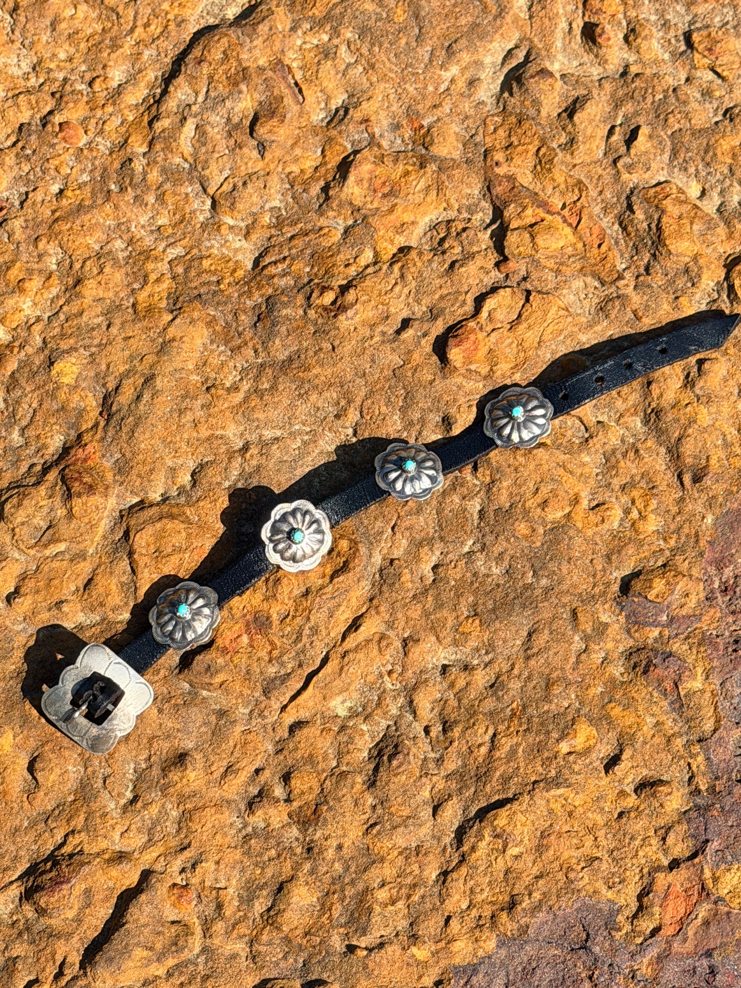Native America Sterling Silver Turquoise Leather Concho Buckle Bracelet By Joan Begay