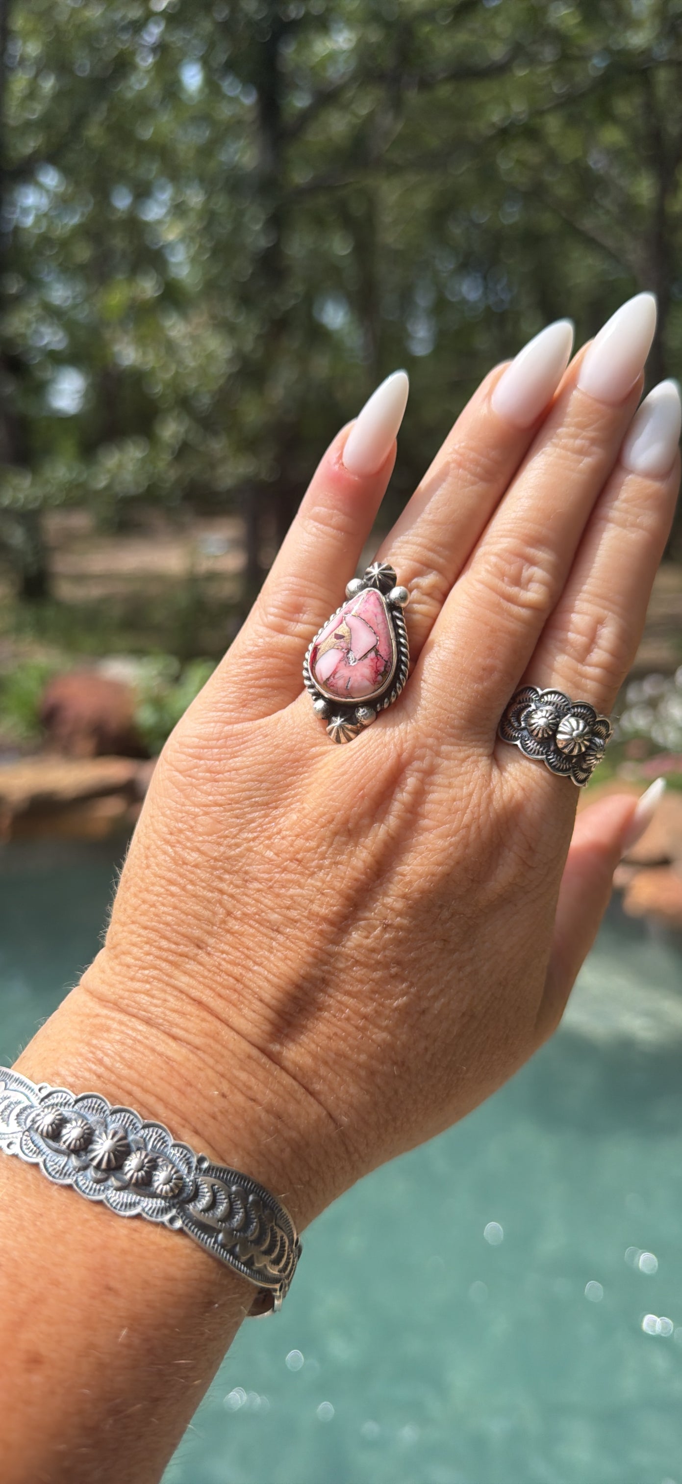 Johnny Dixon Rose Dahlia & Sterling Sliver Cluster Adjustable Ring