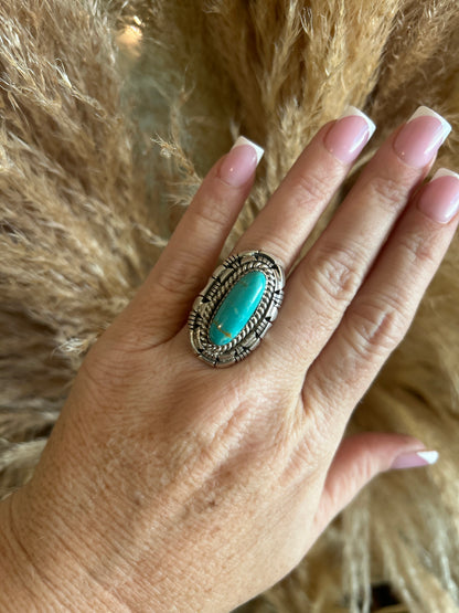 Kingman Turquoise Long Oval Statement ring by W Begay Ring size 6.5