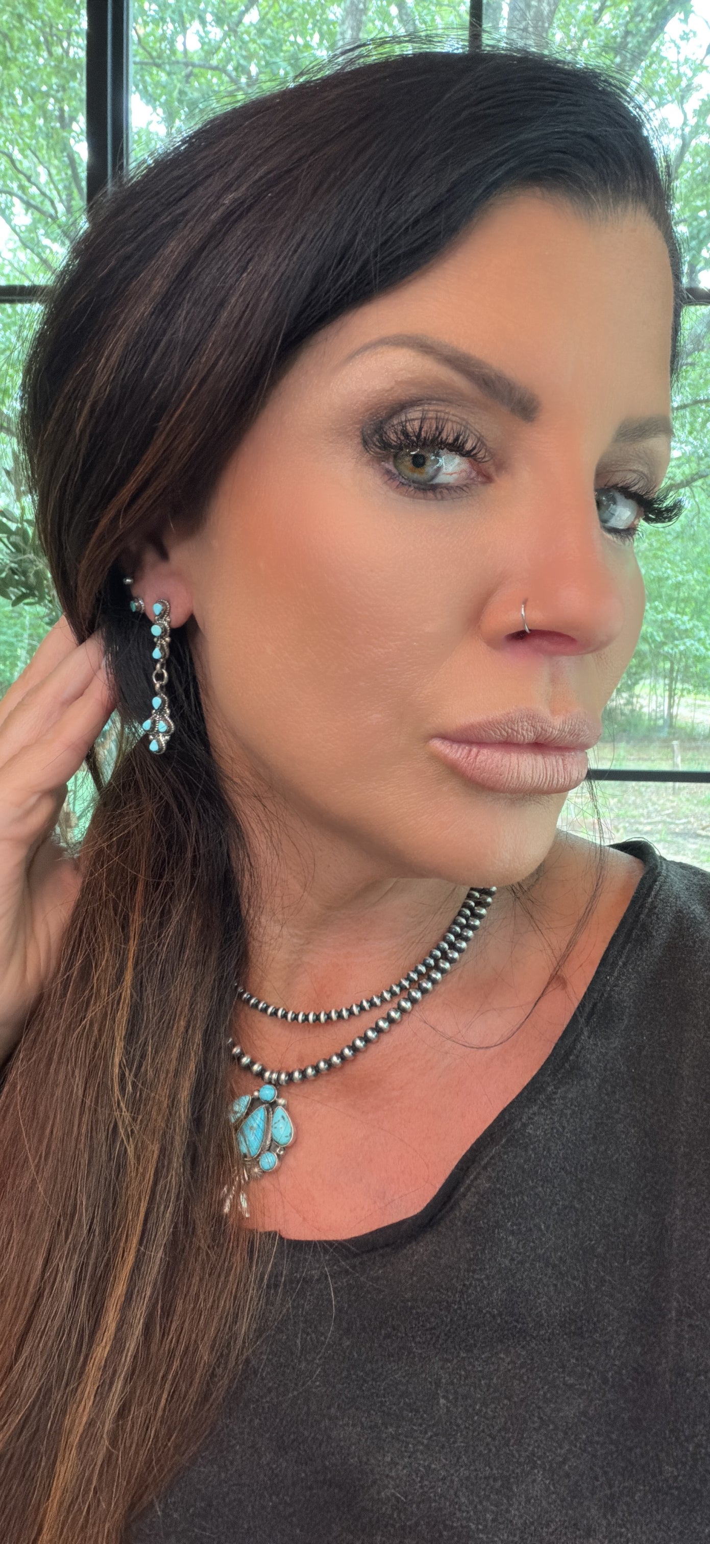 Native Made Zuni Turquoise and Sterling Silver Dangle Earrings by Jovi Burns