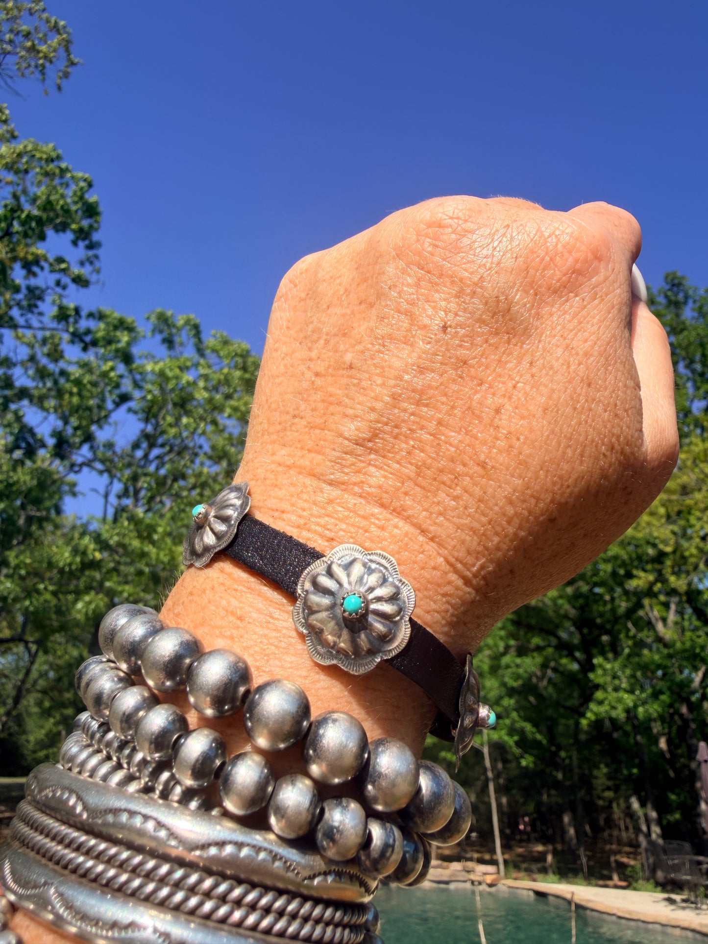 Native America Sterling Silver Turquoise Leather Concho Buckle Bracelet By Joan Begay