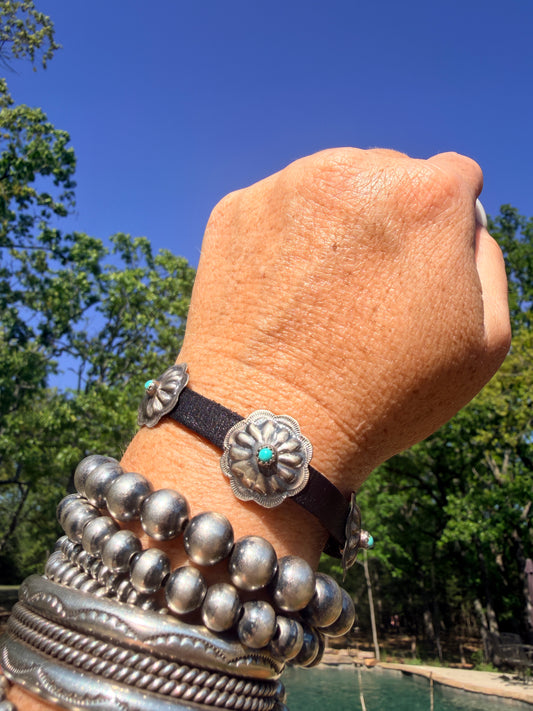 Native America Sterling Silver Turquoise Leather Concho Buckle Bracelet By Joan Begay