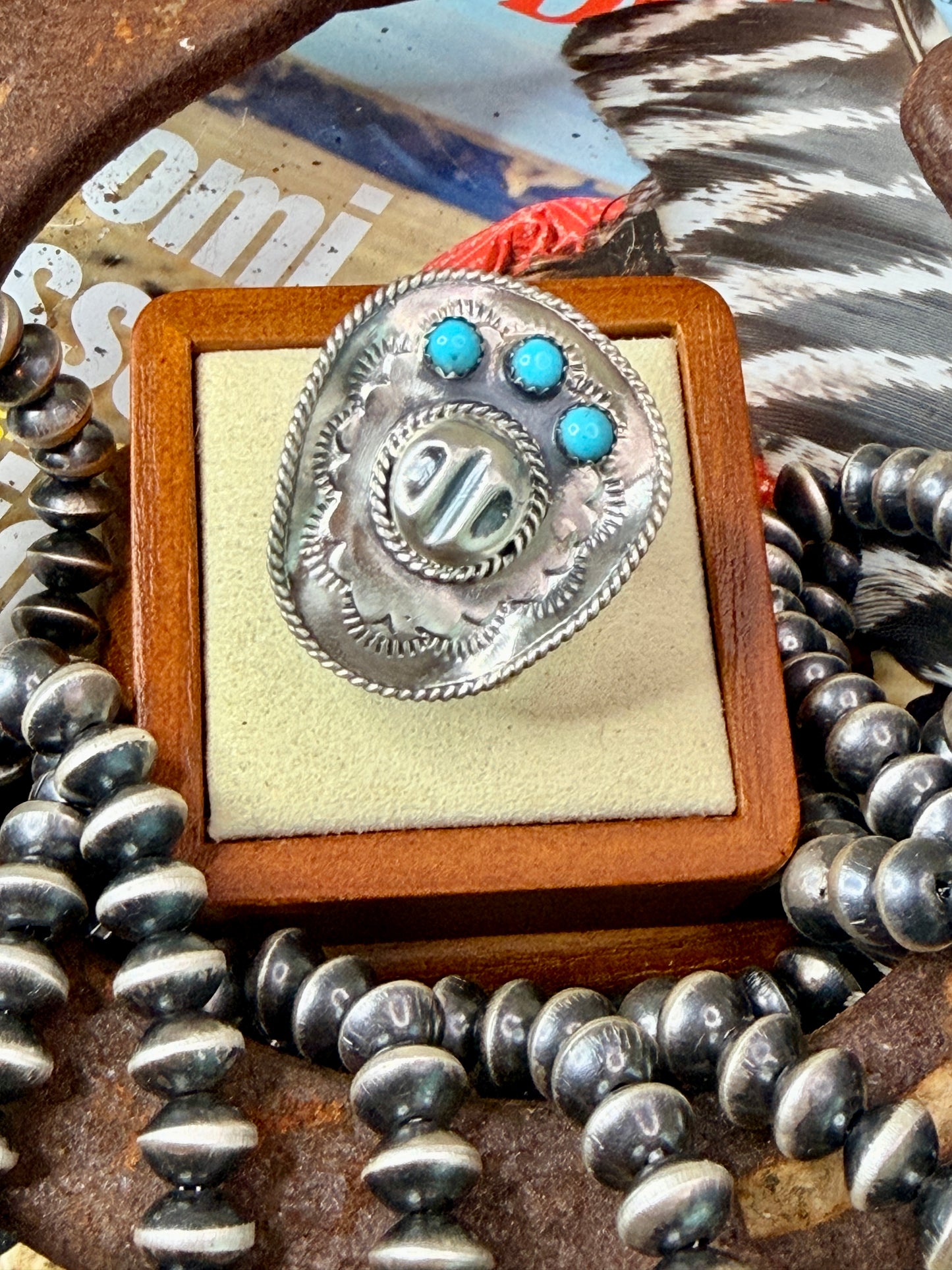 Native Made Turquoise Cowboy Hat Ring by Bobby Platero
