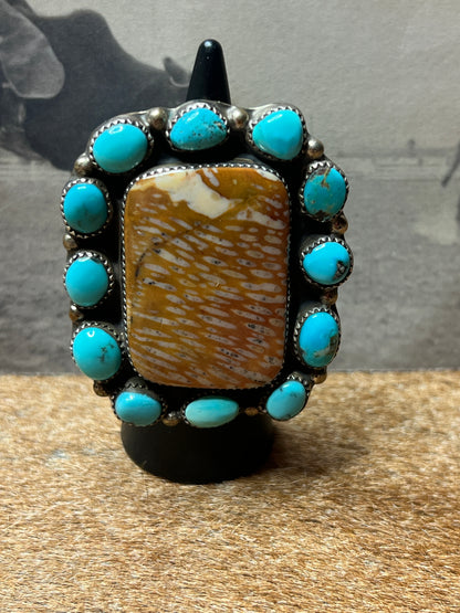 Extra Large Rare Deer Fawn Jasper and Turquoise Cluster Ring size 8.5