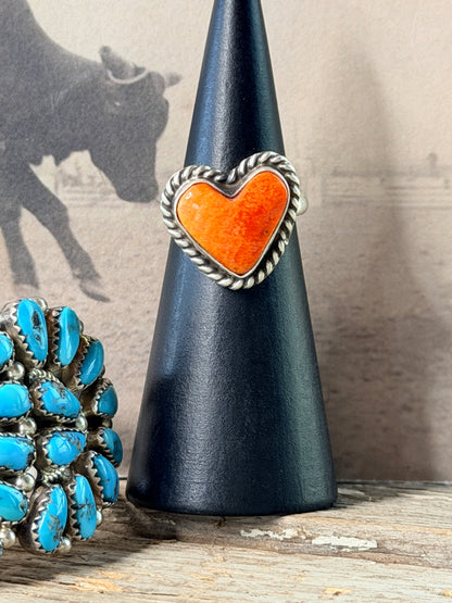 Authentic Adjustable Native America Navajo Sterling Silver Orange Spiny Oyster Heart Ring By C. Belone
