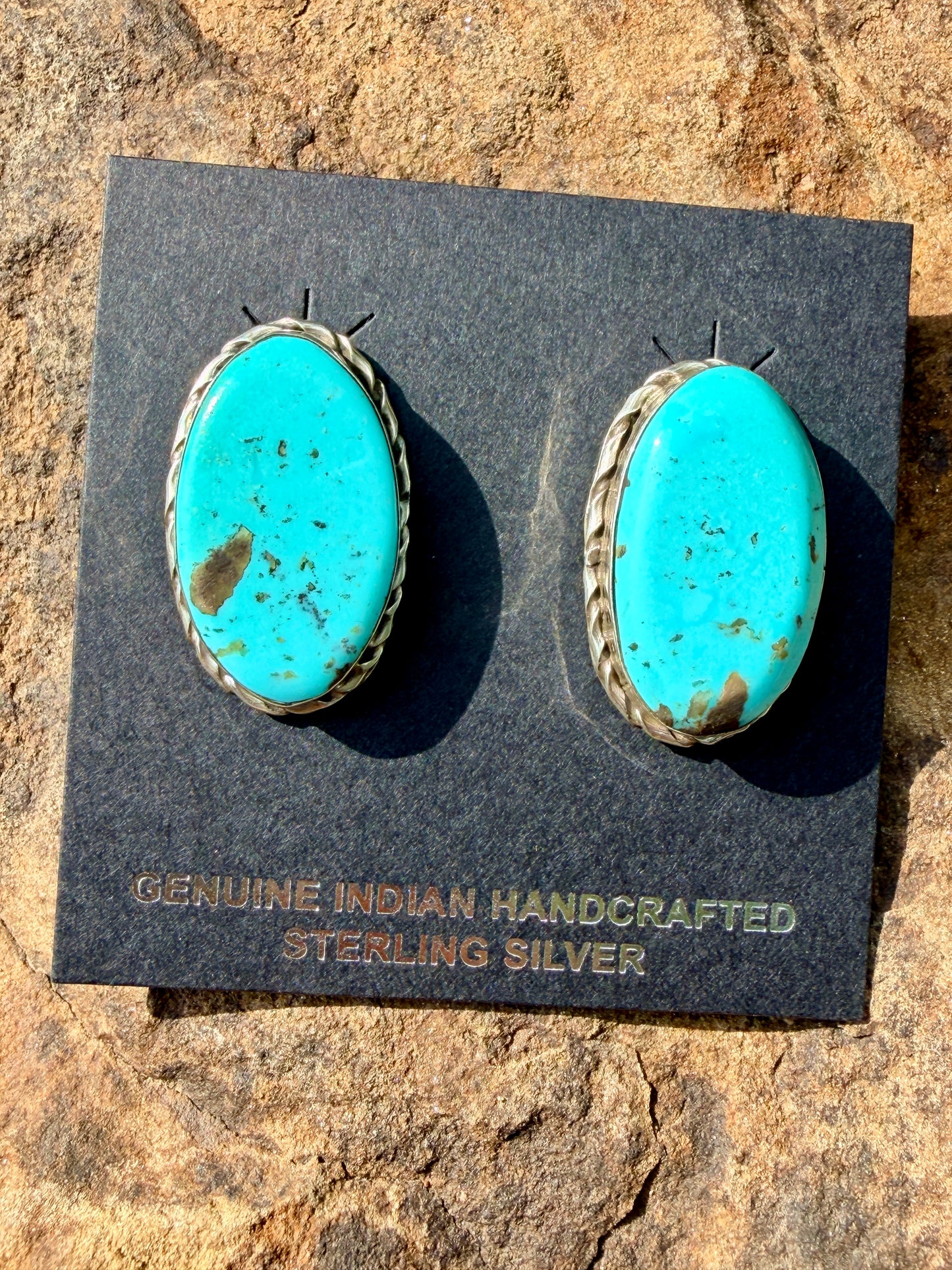 Native Made Large Oval Turquoise Post Earrings By Mike Dedman