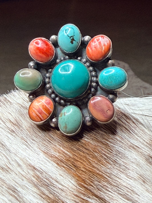 Turquoise and Orange Spiny Adjustable Navajo Cluster Ring by Wilson Dawes
