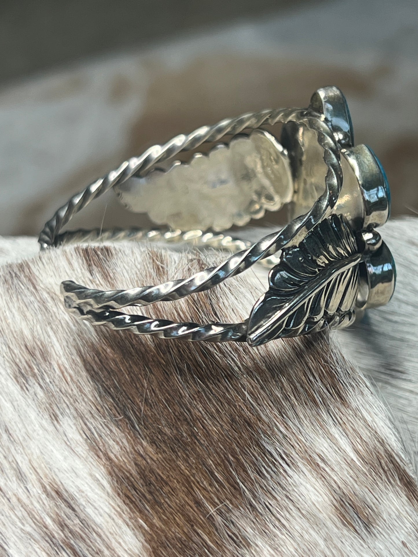 Blue Turquoise Sterling Silver Leaves Navajo Cuff Bracelet