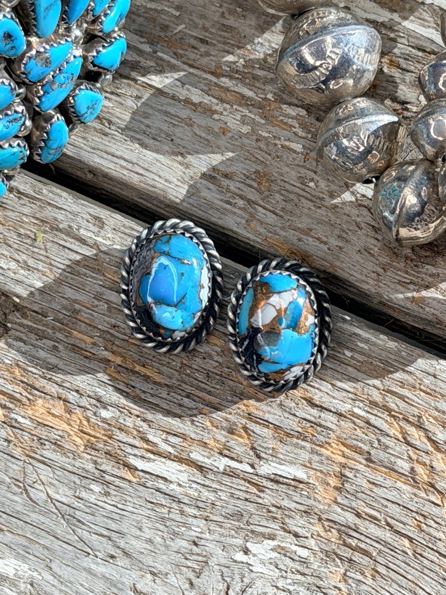 AUTHENTIC HANDCRAFTED STERLING SILVER & BLUE MOJAVE STUD EARRINGS