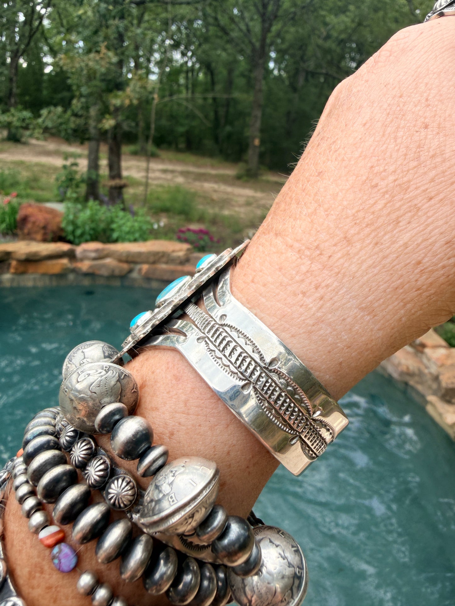 Native Made Silver & Turquoise Handstamped Bracelet by Eula Wylie