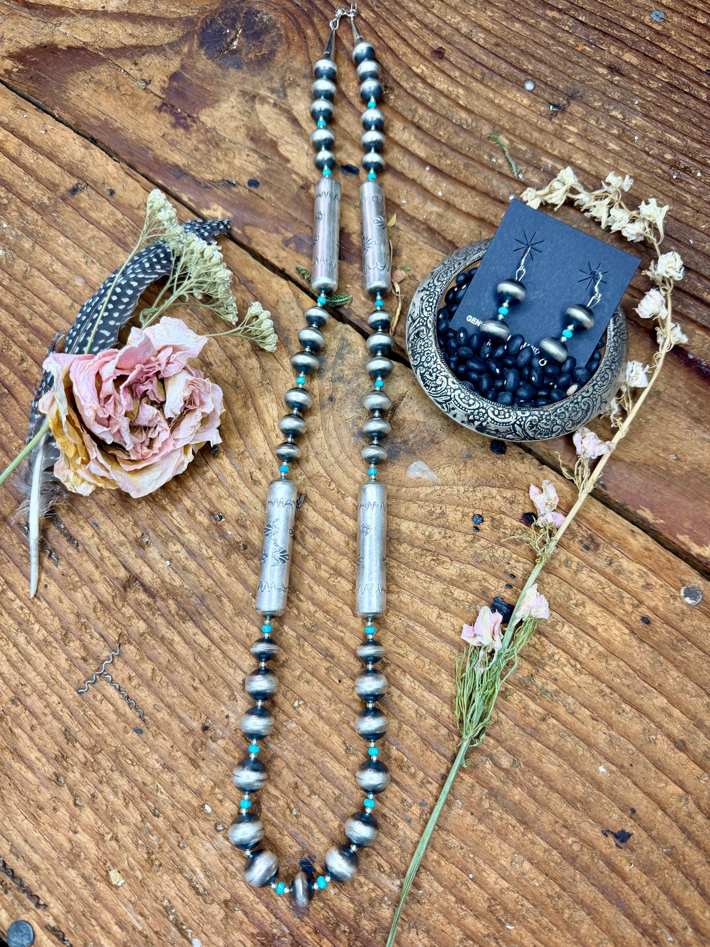Sharon Cooley 34" Navajo Pearl and Turquoise Necklace and Earring Set