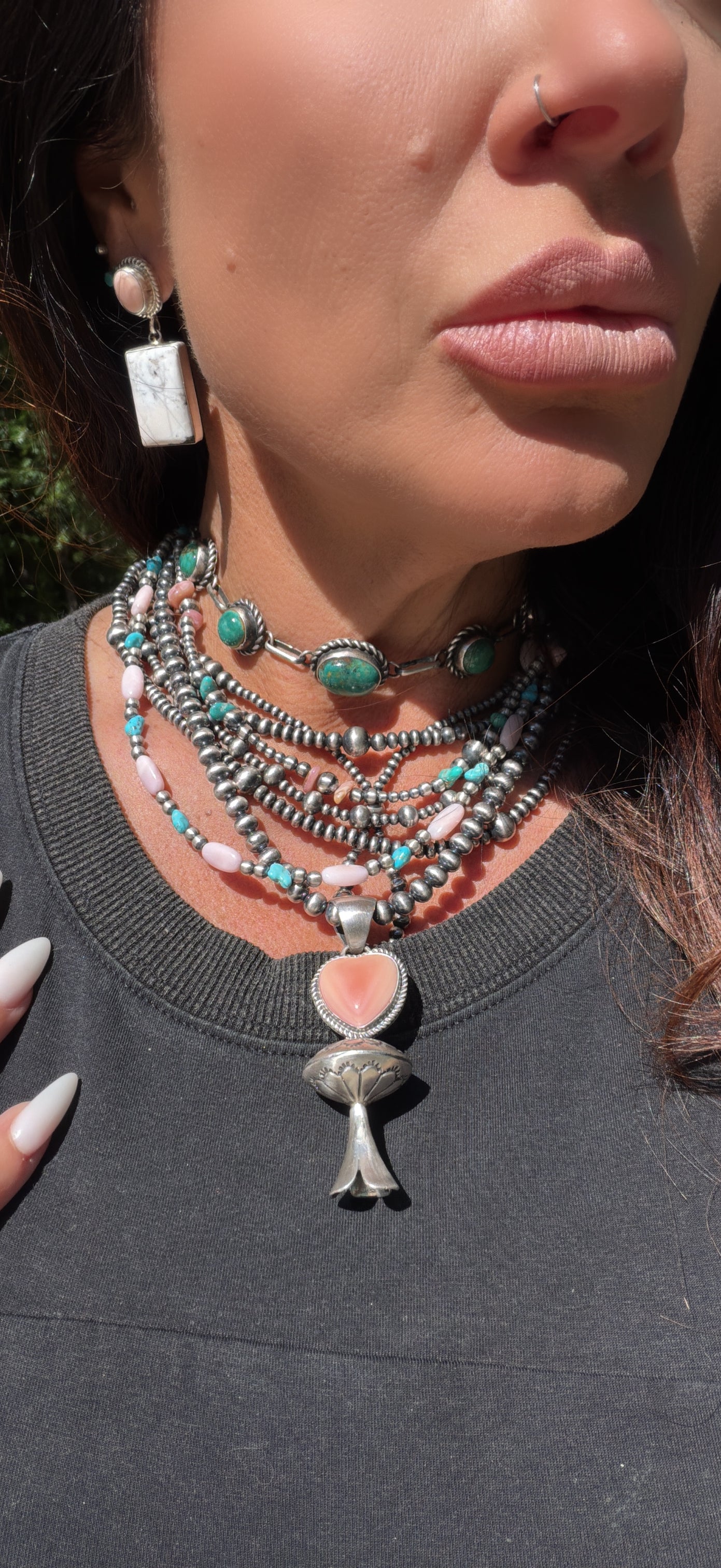 Native Stung, Hand craftedSterling Silver Pearl Beaded, Turquoise and Queen Pink Conch Shell Necklace 18”