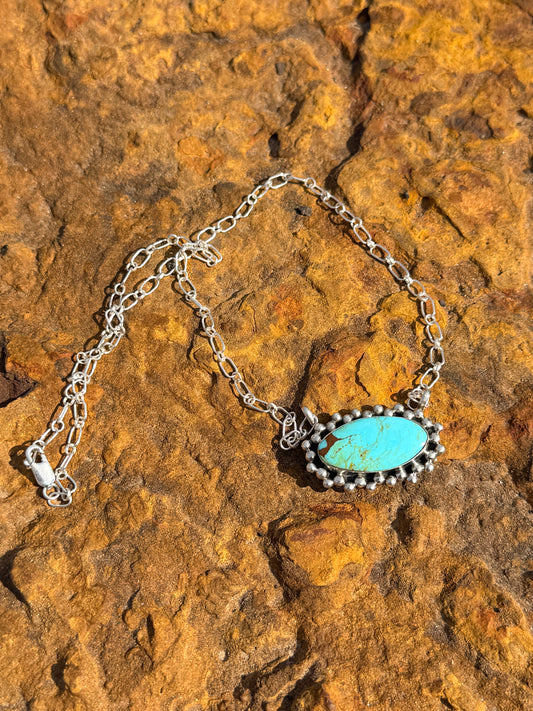 Kingman turquoise oval bar station necklace sterling silver Gregg Yazzie