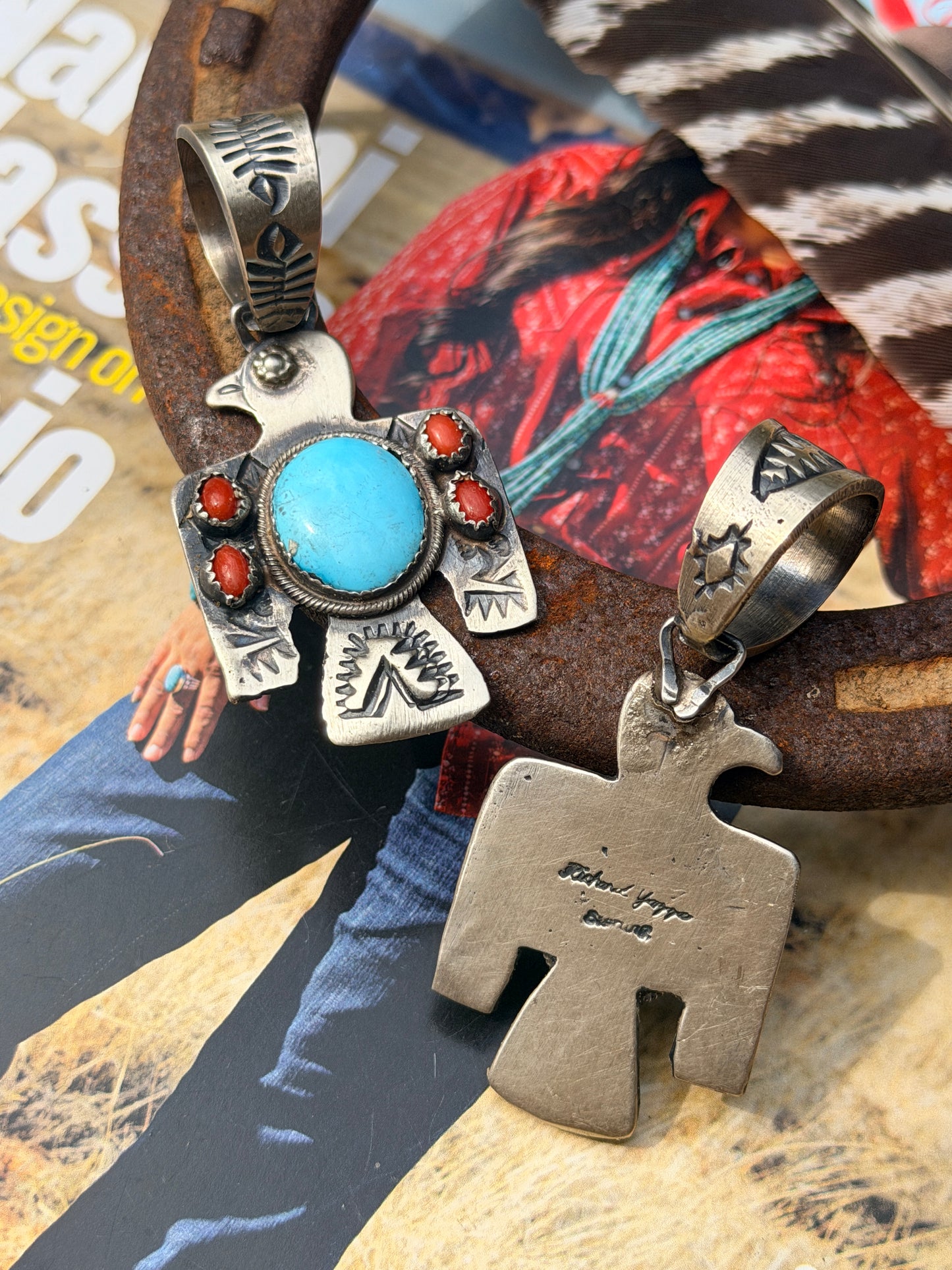 Richard Yazza Turquoise and Coral Thunderbird Pendant