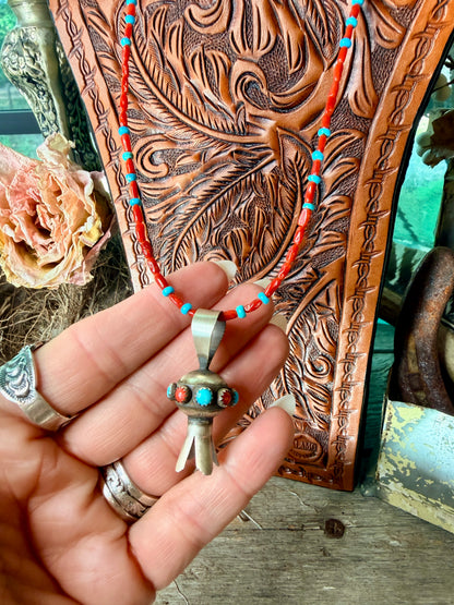 Native Made Squash Blossom Pendant on Beaded Necklace by Monica Smith