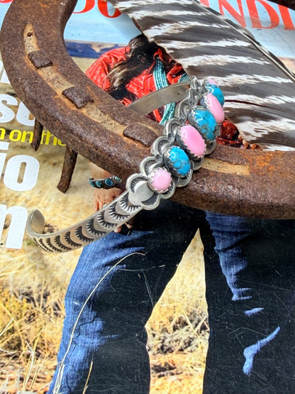 Native Made Nevada Turquoise and Pink Conch Cuff by Russell Sam
