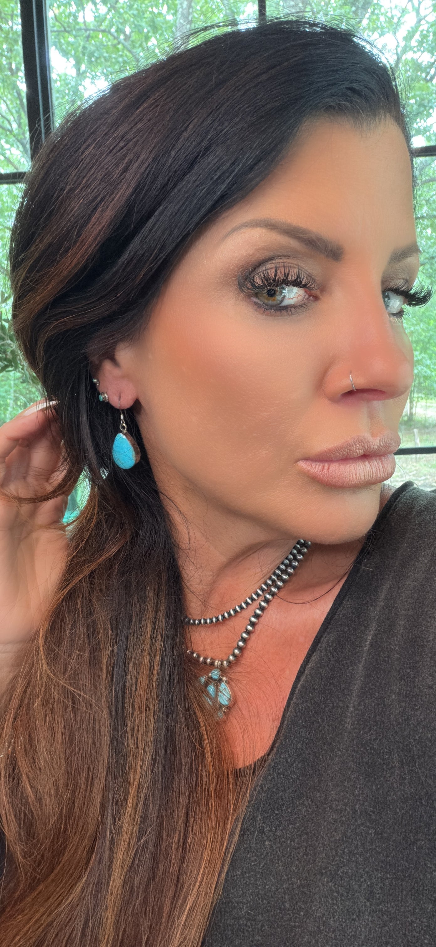 Native made Kingman Teardrop Turquoise Earrings by Sadie Jim
