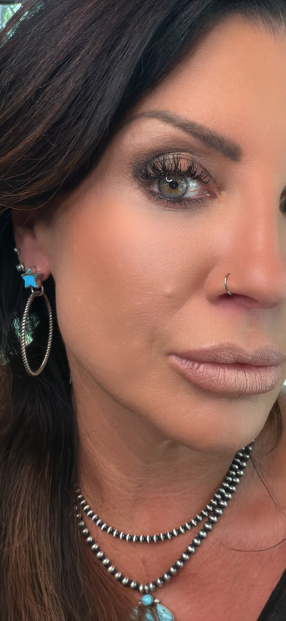 Sterling Silver Ice Blue Dahlia Turquoise Dangle Hoop Stud Earrings signed by Hada
