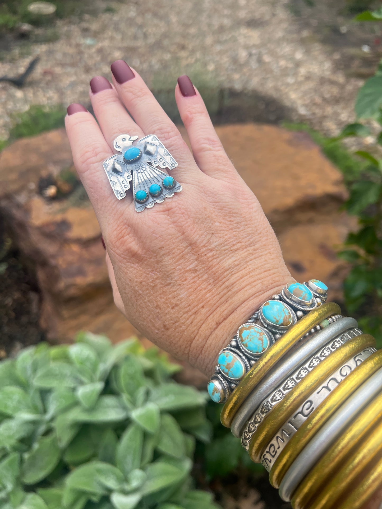 Turquoise Thunderbird Adjustable Ring by Gabriella Yazzie