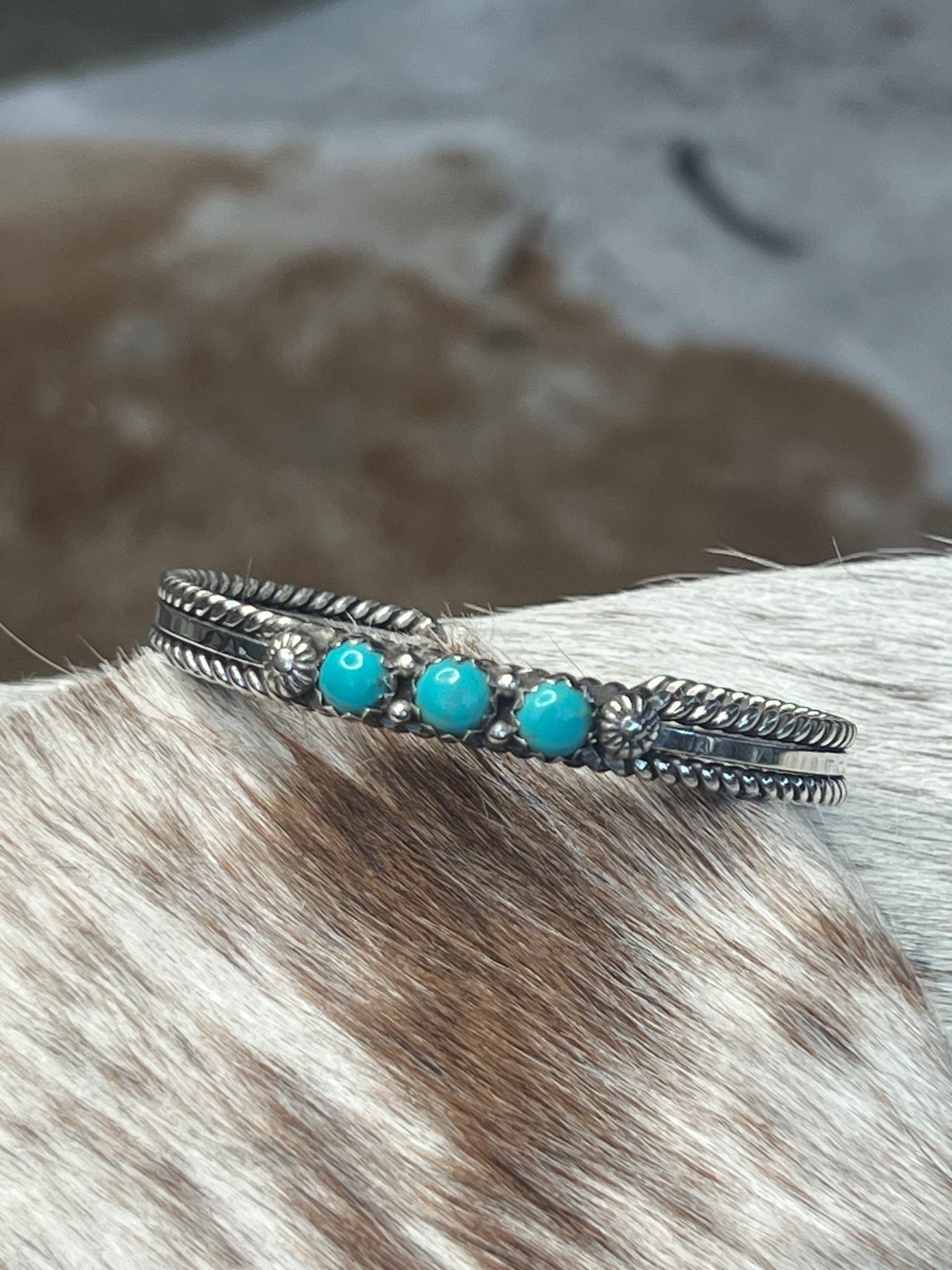 Native Made 3 Stone Turquoise Cuff with Rope Design
