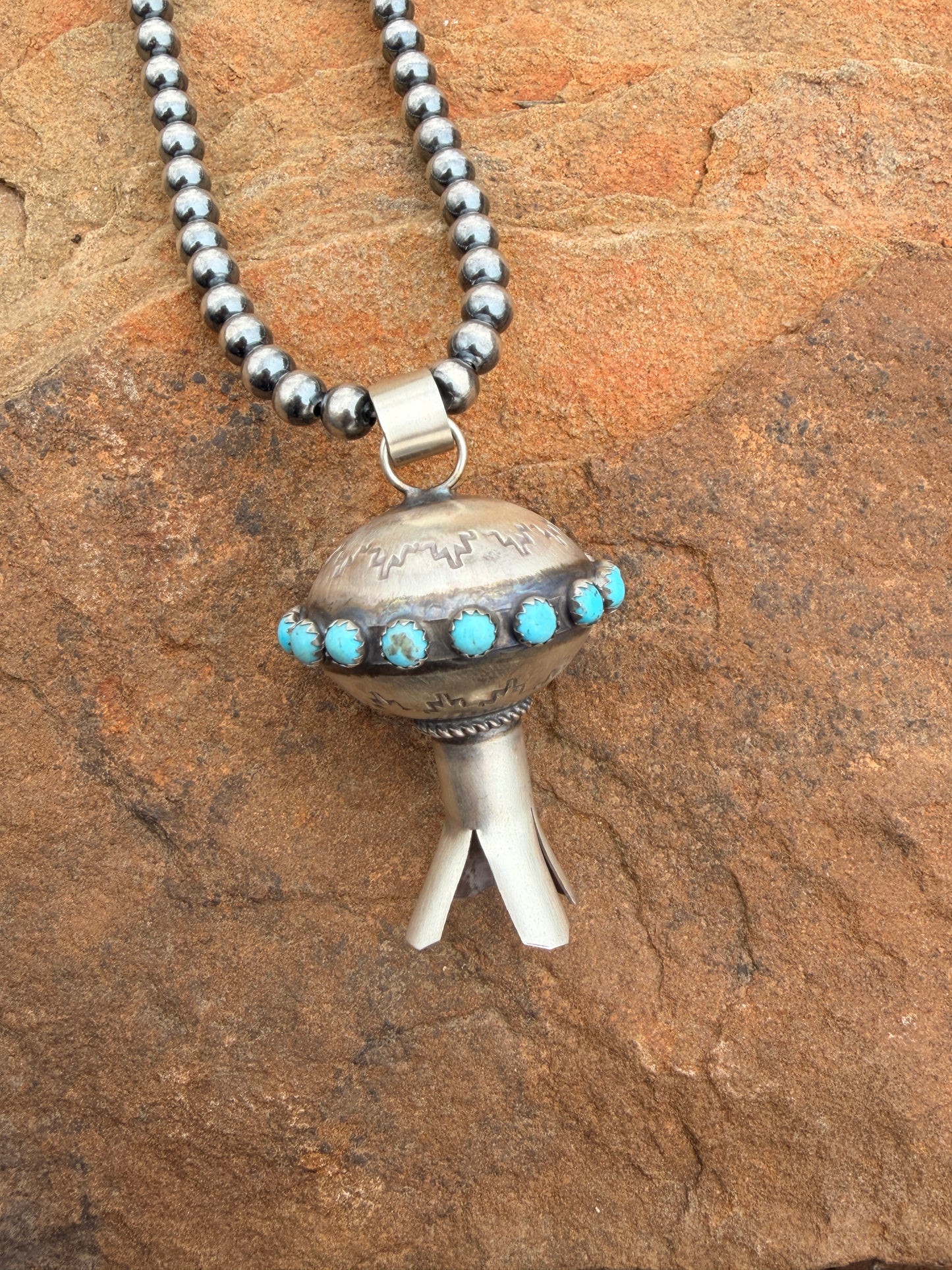 Giant Navajo Made Kingman Turquoise & Sterling Silver Blossom Pendant by Monica Smith