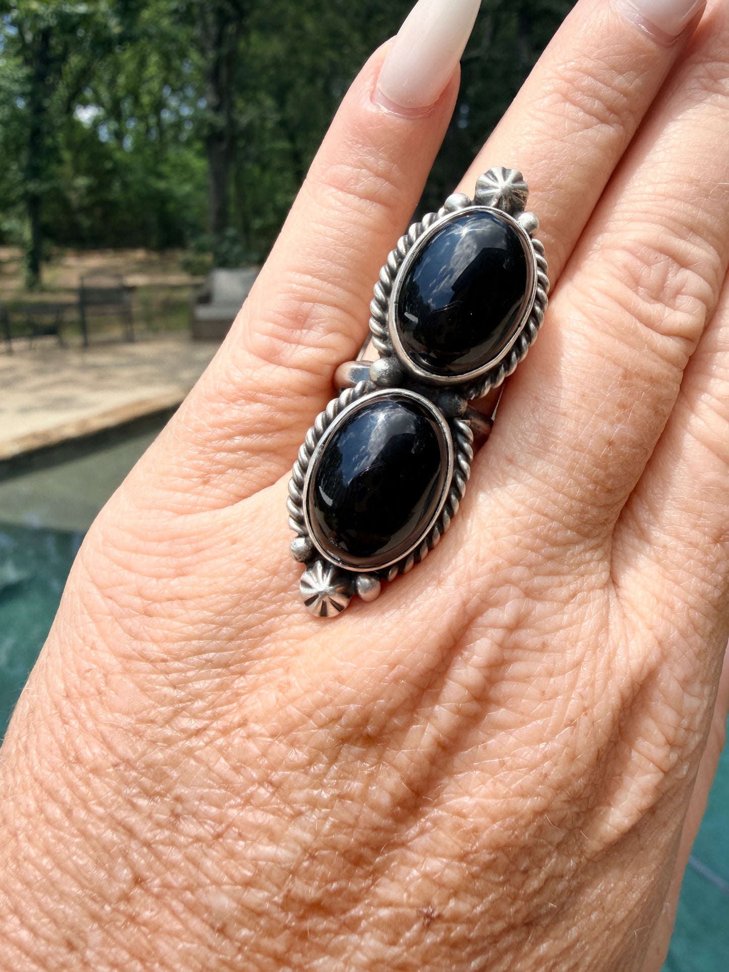 Native Made Sterling Silver Black Onyx Adjustable Ring By Eugene Belone.