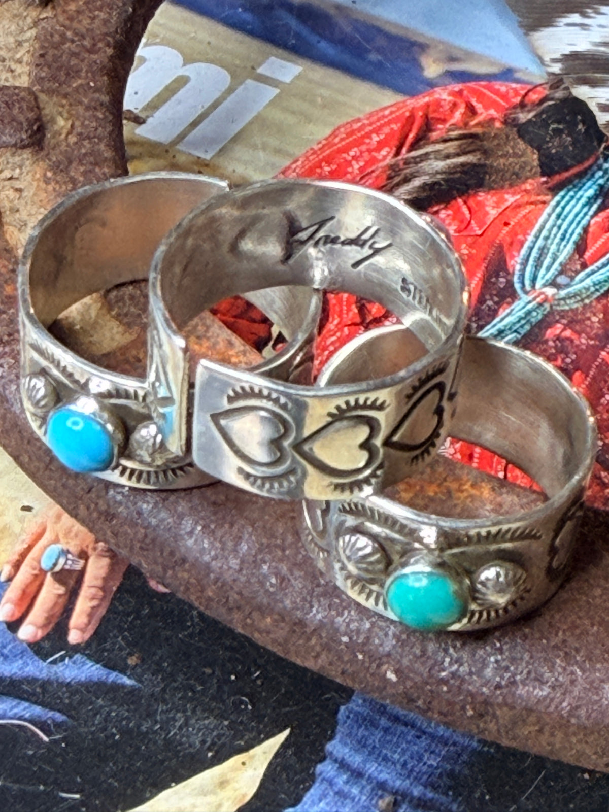 Navajo Made Freddy Platero Silver Heart and Stone Finger Band Cuff Ring Adjustable