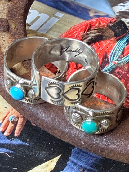 Navajo Made Freddy Platero Silver Heart and Stone Finger Band Cuff Ring Adjustable