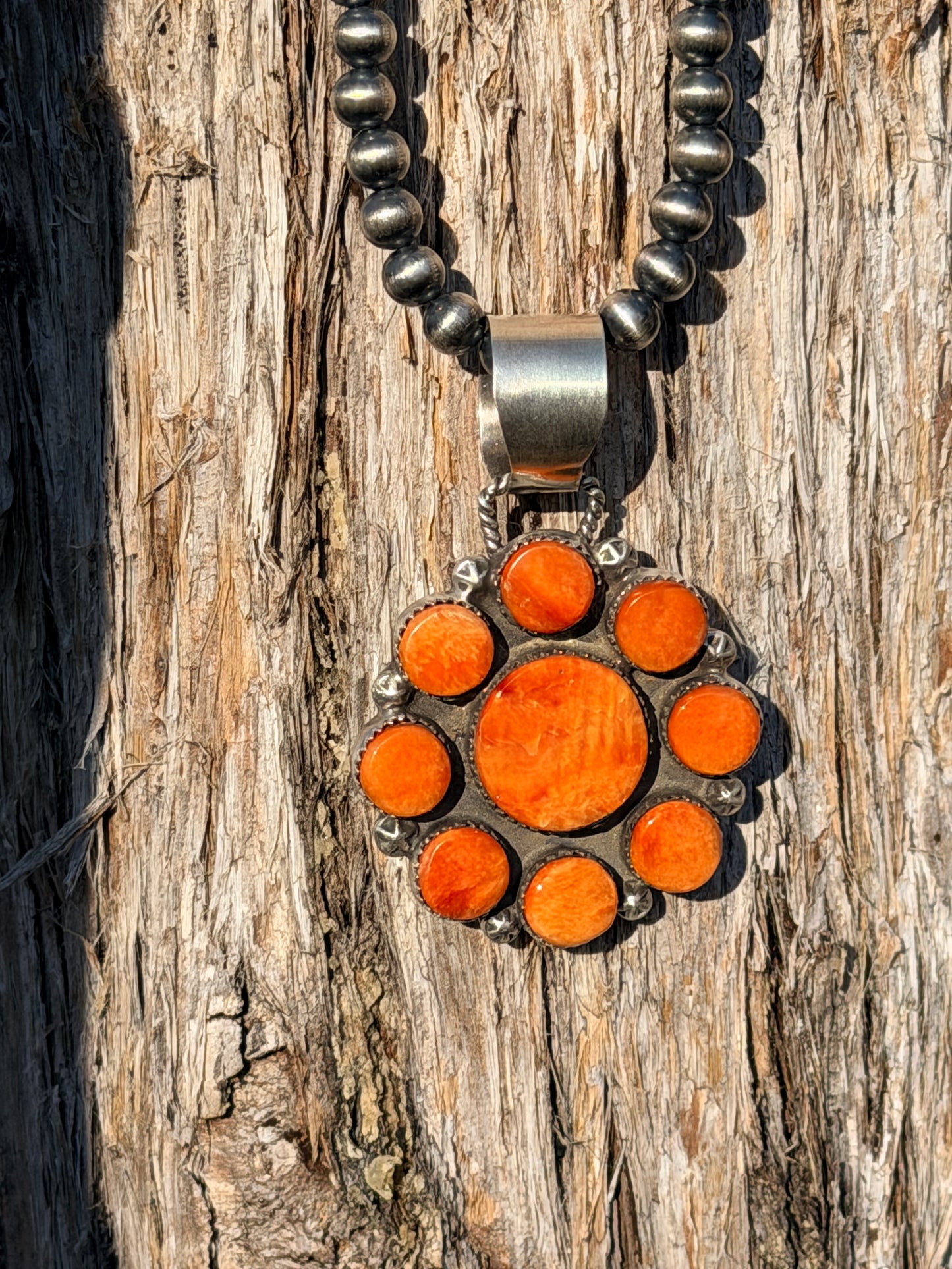 Native Made Spiny Oyster Flower Cluster Pendant on 6mm Pearls